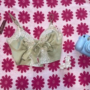 SHEIN Green Lace Trim Blouse with Bow Detail